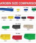 Akrobin size comparison chart with various colored and sized bins including blue Stackable Plastic Storage Bins For Garage Pantry And Craft Organization 5 By 4 By 3 Inch Blue 6 Pack Space Saving Bins For Small Parts Office Supplies Hardware Toy Storage.
