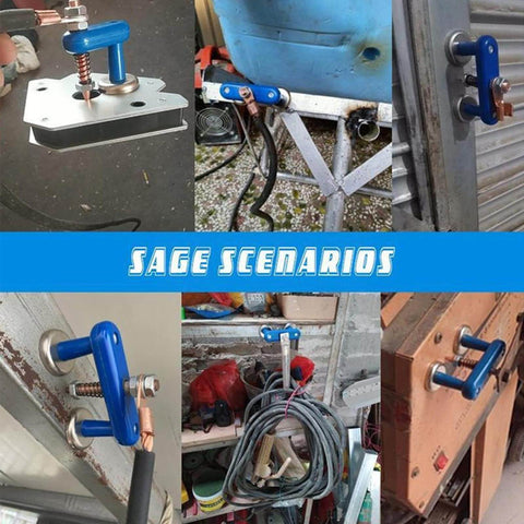 Collage of Pro Grade Magnetic Welding Support Clamp With Progressive Spring For Easy Attachment To Smooth Metal Surfaces Aluminum Alloy Copper Magnet Fixture Adjustable Ground Clamp Tool In Blue in various workshop settings.