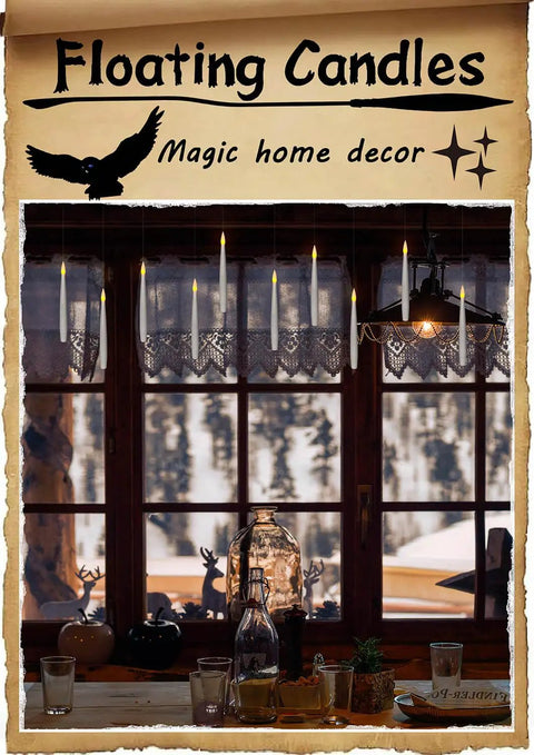 Flameless Taper Floating Candles With Magic Wand Remote 20 Piece Set Dope Flickering Warm Light Battery Operated Six Inch LED Window Candles For Christmas Weddings Halloween And Birthday Party Decor hanging in front of a window, creating floating effect.