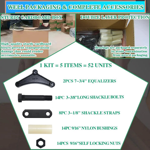 Heavy Duty Trailer Axle Equalizer And Shackle Kit for Double Eye Leaf Spring Suspension Tandem Axle Systems Supporting 3500 to 5200 lbs, packaging and components display.