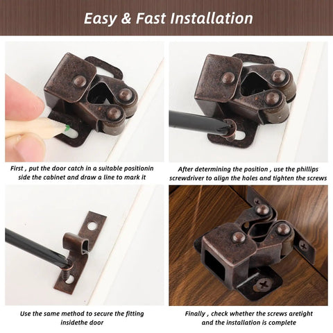 Easy installation of Tough As Nails Cabinet Door Latch And Double Roller Catch Hardware in brown antique copper finish.