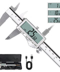 HARDELL Digital Caliper, 6" Rechargeable Calipers with Large LCD Screen showing measurement of 25.60 mm with USB charger and case.
