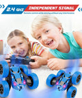 Kids playing with 2.4GHz RC Car With 360 Degree Double Sided Flips 4WD Off Road Dope Stunt Truck Built For Kids Aged 6 To 12