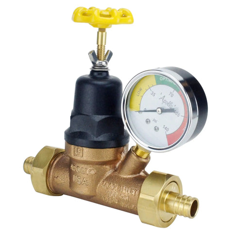 3/4 Inch Bronze PEX Water Pressure Regulator With Gauge Double Union Lead Free With Built In Bypass Gauge For Quick Reads