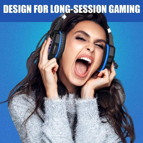 Person wearing Multi Platform Gaming Headset With Noise Cancelling Mic 7.1 Surround Sound LED Lights And Soft Memory Foam Earpads