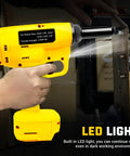 Heavy Duty Cordless Rivet Gun Real Deal Electric Fastener Tool With Brushless Motor And Stopper Set For Auto Body Repair And Metal Fabrication No Hassle Shop Staple Bare Tool Only, hand holding yellow cordless rivet gun with LED light.