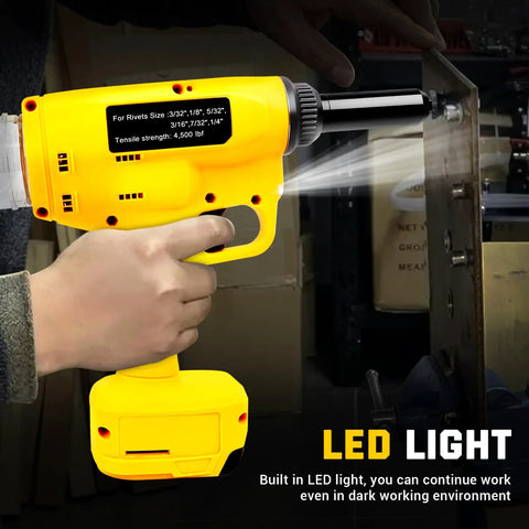 Heavy Duty Cordless Rivet Gun Real Deal Electric Fastener Tool With Brushless Motor And Stopper Set For Auto Body Repair And Metal Fabrication No Hassle Shop Staple Bare Tool Only, hand holding yellow cordless rivet gun with LED light.