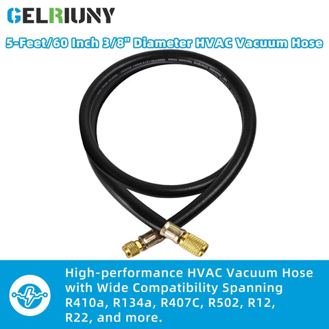 HVAC vacuum hose by GELRIUNY, 5 ft, 3/8 in diameter, black rubber with 3/8 to 1/4 in brass fittings