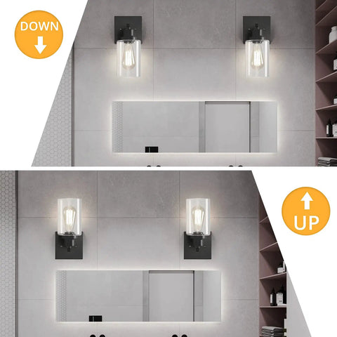 Plug In Rustic Wall Sconces Set Of 2 Modern Vanity Lights With Glass Shades E26 Base Matte Black Finish Easy Wall Lighting Bathroom