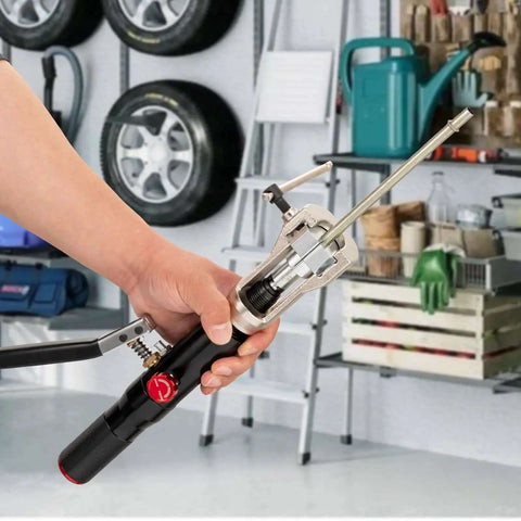 All-in-One Hydraulic Brake Line Flaring Tool Kit for 3/16 to 1/2 Inch Copper and Steel Tubing, shown in hand in a garage setting