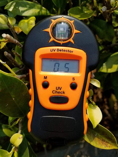 Portable Handheld Sun UV Detector For Measuring UV Levels Outdoors Easy To Use Sunlight UV Meter in foliage setting
