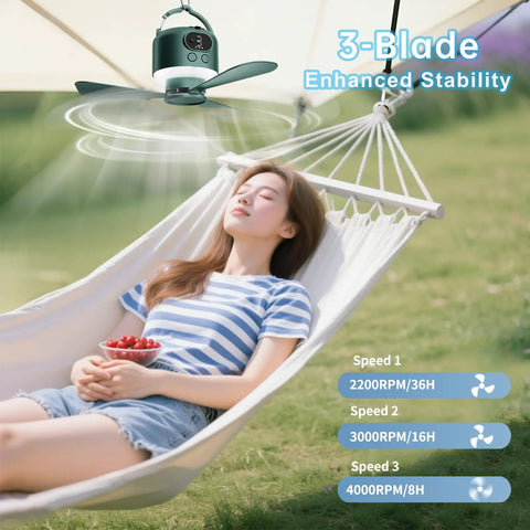 11 Inch Wireless Portable Camping Fan With Light And Remote 10040mAh Battery hanging above a woman relaxing in hammock