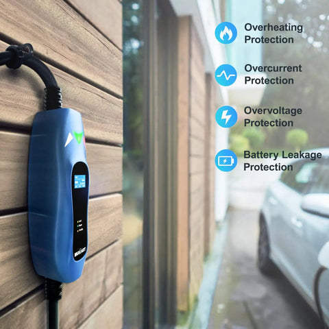 Level 2 EV Charger 40A 240V With 25Ft Cable For Fast Home Charging, Universal SAE J1772 Compatibility on wall with protection icons