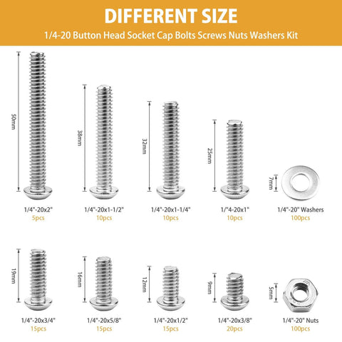 1/4-20 stainless steel hex button head screw set with 8 lengths, includes washers and nuts