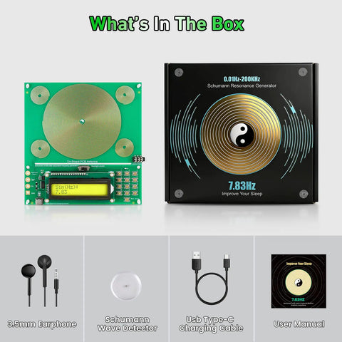 Tunable Frequency Generator For Healing Sine Wave Device From 0.01 Hz To 200000 Hz With 7.83 Hz Default And Preset 10 Hz 40 Hz 174 Hz 285 Hz 396 Hz 417 Hz 432 Hz 528 Hz For Home Use And Wellness, box contents