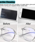 Solid-color microfiber eyeglasses cleaning cloth; before/after collage showing two smartphones and two glasses.