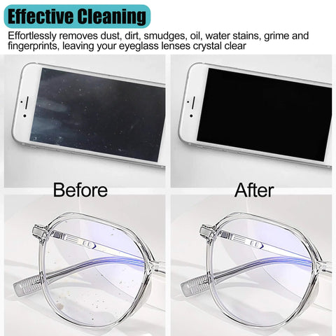 Solid-color microfiber eyeglasses cleaning cloth; before/after collage showing two smartphones and two glasses.