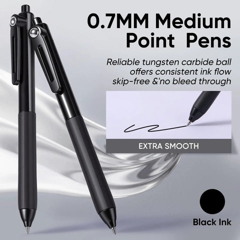 12 Pack Gel Pens 0.7mm Medium Point Black Ink With 6 Extra Refills Retractable Silent Click Fidget Design for smooth writing