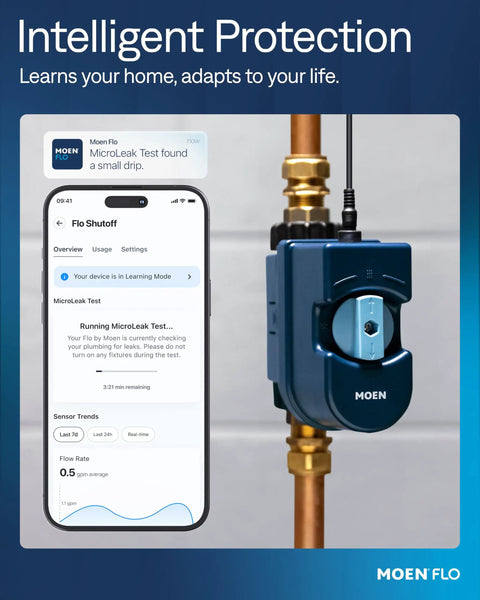 Automatic Water Leak Detector And Shutoff For Your Whole Home Main Line, Twenty Four Seven Flow Pressure And Temperature Monitoring, Proactive Leak Prevention With Quick Shutoff, Three Quarter Inch on main pipe