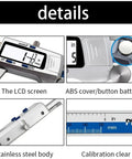 0.01mm Digital Caliper 150mm 6 Inch Stainless Steel with LCD display, ABS button battery, and calibration detail.