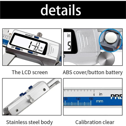 0.01mm Digital Caliper 150mm 6 Inch Stainless Steel with LCD display, ABS button battery, and calibration detail.