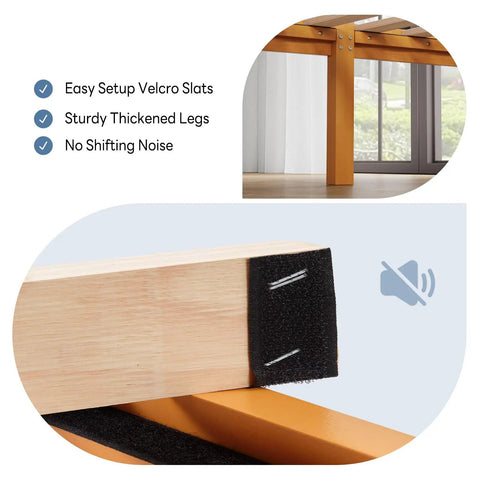 Built Tough Queen Size Platform Bed Frame In Real Natural Pine Wood With Thick Wooden Slats For Zero Wobble Support Never Requires A Box Spring And Flawless Setup For Your Bedroom Space with Velcro slats and thickened legs.