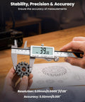 HARDELL Digital Caliper, 6" Rechargeable Calipers with Large LCD Screen measuring a gear, showing precision accuracy.