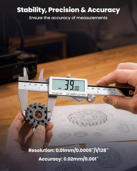 HARDELL Digital Caliper, 6" Rechargeable Calipers with Large LCD Screen measuring a gear, showing precision accuracy.