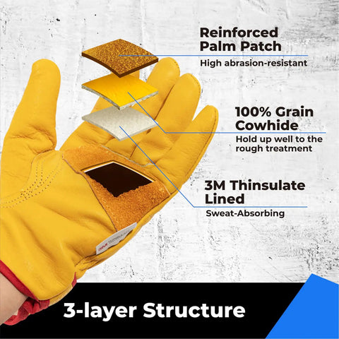 Winter Leather Work Gloves With Thinsulate Lining For Cold Weather, 100 Percent Full Grain Cowhide For Superior Abrasion And Puncture Resistance, Durable Construction, Size Large, Warm Comfort On Any Job Site showing detailed 3-layer structure.