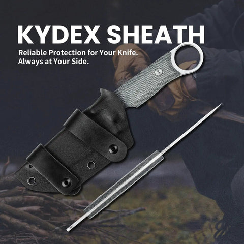 Cabox Fixed Blade Knife 3.35 Inch D2 Steel Blade With Micarta Handle and Kydex Sheath displayed on a dark background.