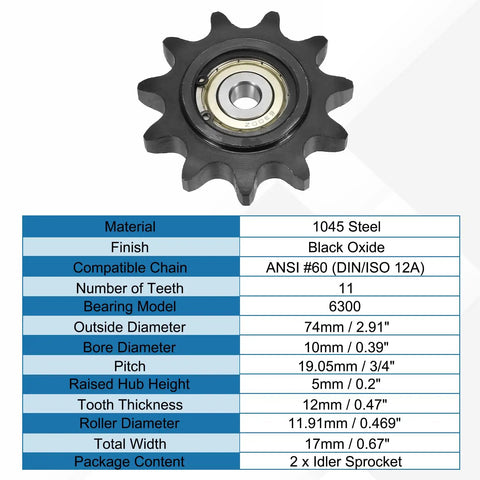 "Built To Last Heavy Duty Roller Chain Idler Sprocket Type C With 10mm Bore 11 Tooth For Three Quarters Inch Pitch Black Oxide 1045 Steel With Insert Bearing For ANSI 60 DIN ISO 12A Chains"