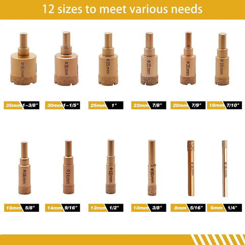 Hole Saw Drill Bit Set Core Bits For Ceramic Tile Glass Marble Granite Gypsum 12 Pc Wet Or Dry Use With Serrated Brazing Bits Sizes From 6mm To 35mm For Precise Hole Cutting On Stone And Tile, with various sizes shown in image.