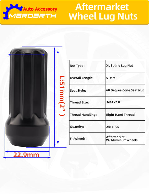 Diagram of Ford 24 Pack 14x2.0 Spline Lug Nuts With 60 Degree Conical Seats XL Diver Style For Aftermarket Aluminum Wheels