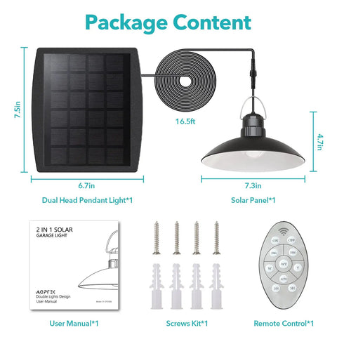 Package contents of Dual Head Solar Pendant Lights With Remote For Outdoor And Indoor Use IP65 Waterproof Shed Lamp shown.