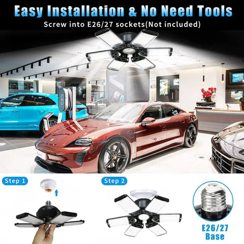 Two Pack 160W LED Shop Light With 6+1 Adjustable Panels, 16000LM Of Hella Bright Daylight 6500K Ceiling Garage Lighting installed above car