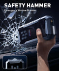 Turbo Boost Eight In One Car Jump Starter With Air Compressor And Power Bank used as emergency hammer on glass window