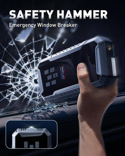 Turbo Boost Eight In One Car Jump Starter With Air Compressor And Power Bank used as emergency hammer on glass window