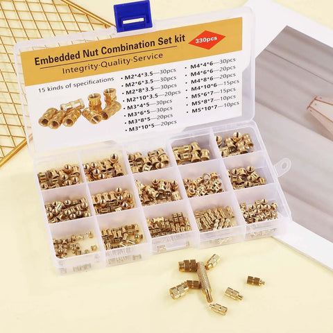 DIY Ready Heated Insert Kit With 1 Hot Iron Rod And 7 Tip Inserts Including M2 M2.5 M3 M4 M5 M6 M8 And 330 Brass Knurled Nuts For Plastic And 3D Printing Projects shown in organizer box.
