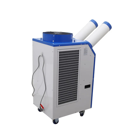 Heavy Duty Portable Air Conditioner 18700 BTU Rock Solid Spot Cooler with dual exhaust vents for workshops and garages.