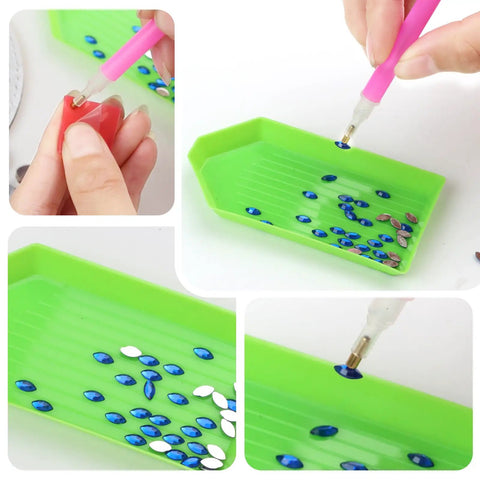 Diamond Painting Tools Kit With 24 Piece Accessories Including 8 Drill Pens 8 Trays And 8 Wax Pads For 5D Diamond Art DIY Projects Perfect For Beginners And Crafters, showcasing pink drill pen and green tray with blue gems