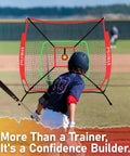Child using 5x5 Ft Baseball And Softball Practice Net With Red Strike Zone And Target Built For Youth Hitting Pitching Batting Training