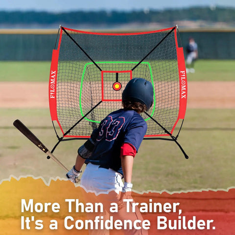 Child using 5x5 Ft Baseball And Softball Practice Net With Red Strike Zone And Target Built For Youth Hitting Pitching Batting Training