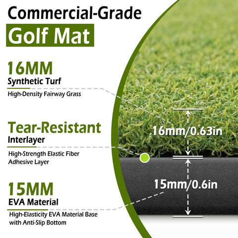 Close-up of 31mm Thick Golf Mat 5ft By 4ft Ultra Durable Hitting Mat showing synthetic turf and EVA base layers.
