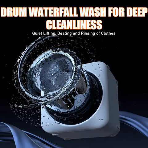 No Sweat Mini Portable Washer And Dryer Combo Runs Front Load Wash Cycle With Digital Display and visible drum waterfall action.