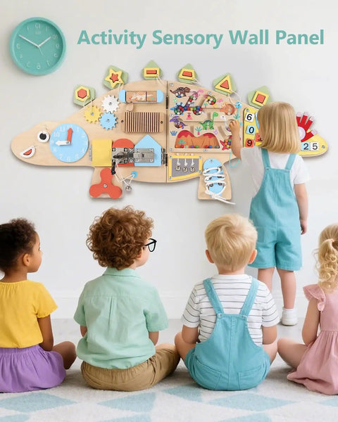 Kid Approved Dinosaur Wall Busy Board Fun Foldable Montessori Learning Center For Kids Ages 3 To 7 with colorful sensory activities.