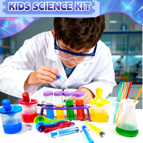 Child experimenting with Totally Epic 37 Piece Kids Science Kit With Beakers Test Tubes Droppers Magnifier Safety Glasses And Stand For Experiments Busy Hands Learning Gift For Ages 3 And Up in a lab coat and goggles.