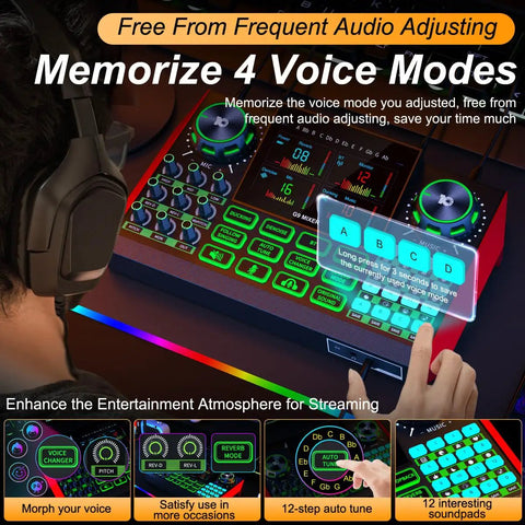 G9 Live Sound Card And Streaming Mixer with Built-In Audio Interface and 4.5 Inch HD Screen displayed on a desk.