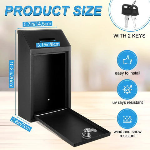 Locking Metal Donation Box With Wall Mounted Cash Box And Suggestion Slot For Home Office And Outdoor Use All Weather Black Mailbox Container dimensions and features
