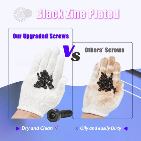 Comparison of clean black zinc plated and dirty screws held in gloved hands, showcasing 2240 Piece Metric Screw Kit M2 To M5.