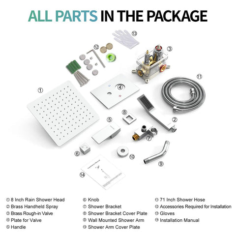 All parts in the package for 8 Inch Rain Shower Head And Handheld Shower System With Turbocharged High Pressure Water Flow All Metal Shower Faucet Trim Kits Polished Chrome Finish Durable 304 Stainless Steel Construction